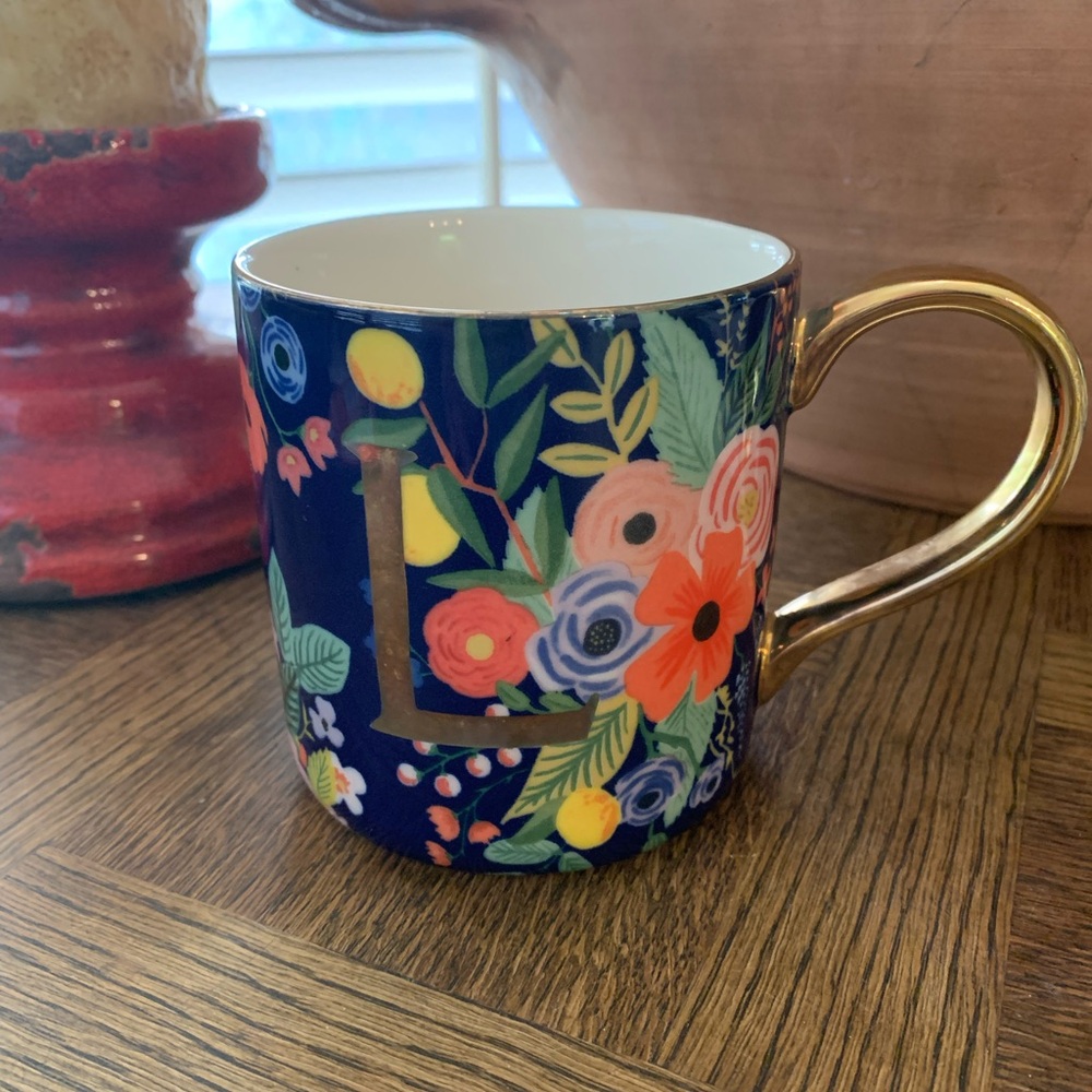 Rifle Paper Company for Anthropologie Floral Coffee Mug with “L” Initial